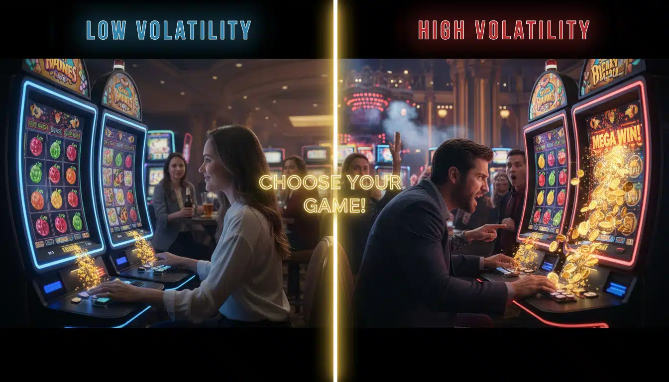 Low-volatility vs high-volatility slot machines with players choosing their game in a lively casino.