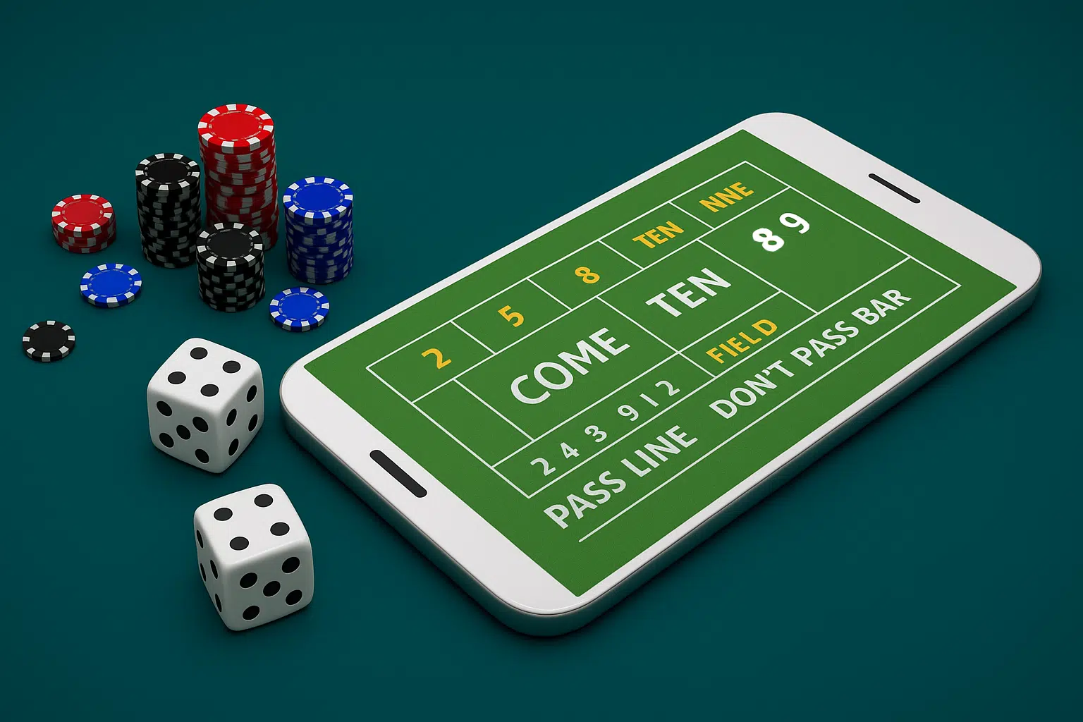 Smartphone displaying a green craps table layout on its screen, placed on a dark teal background, surrounded by poker chips and two white dice.
