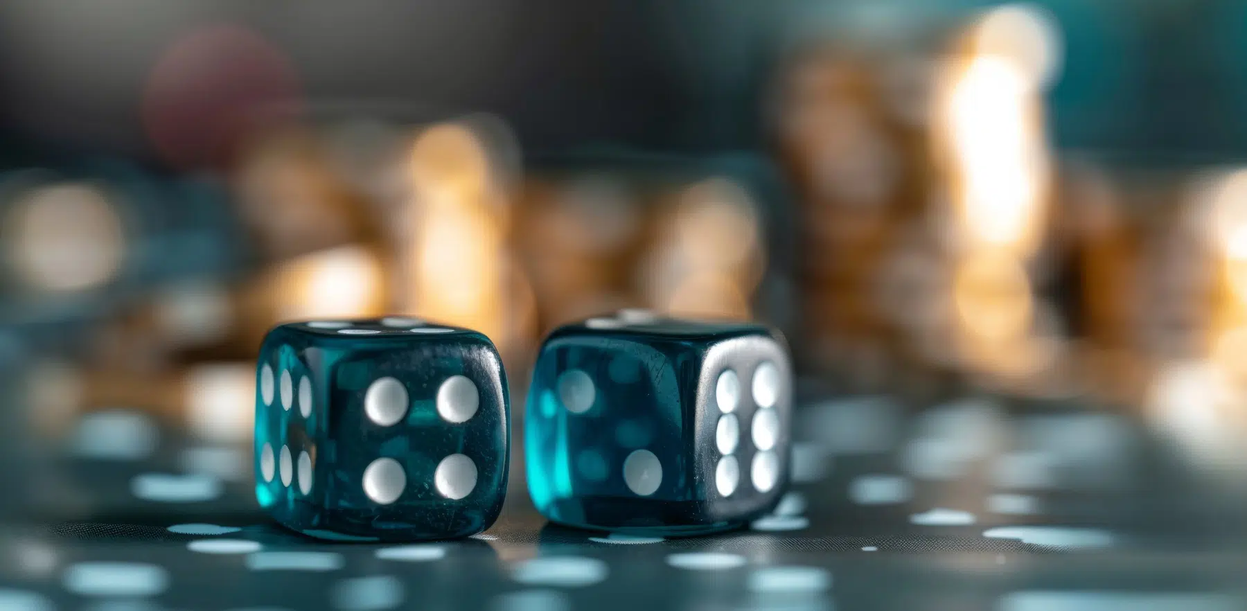 The banner depicts two dice and in the background there are coins lined up.