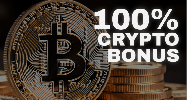A banner with a Bitcoin with text overlay reading ‘100% Crypto Bonus’ promoting a sports betting offer.