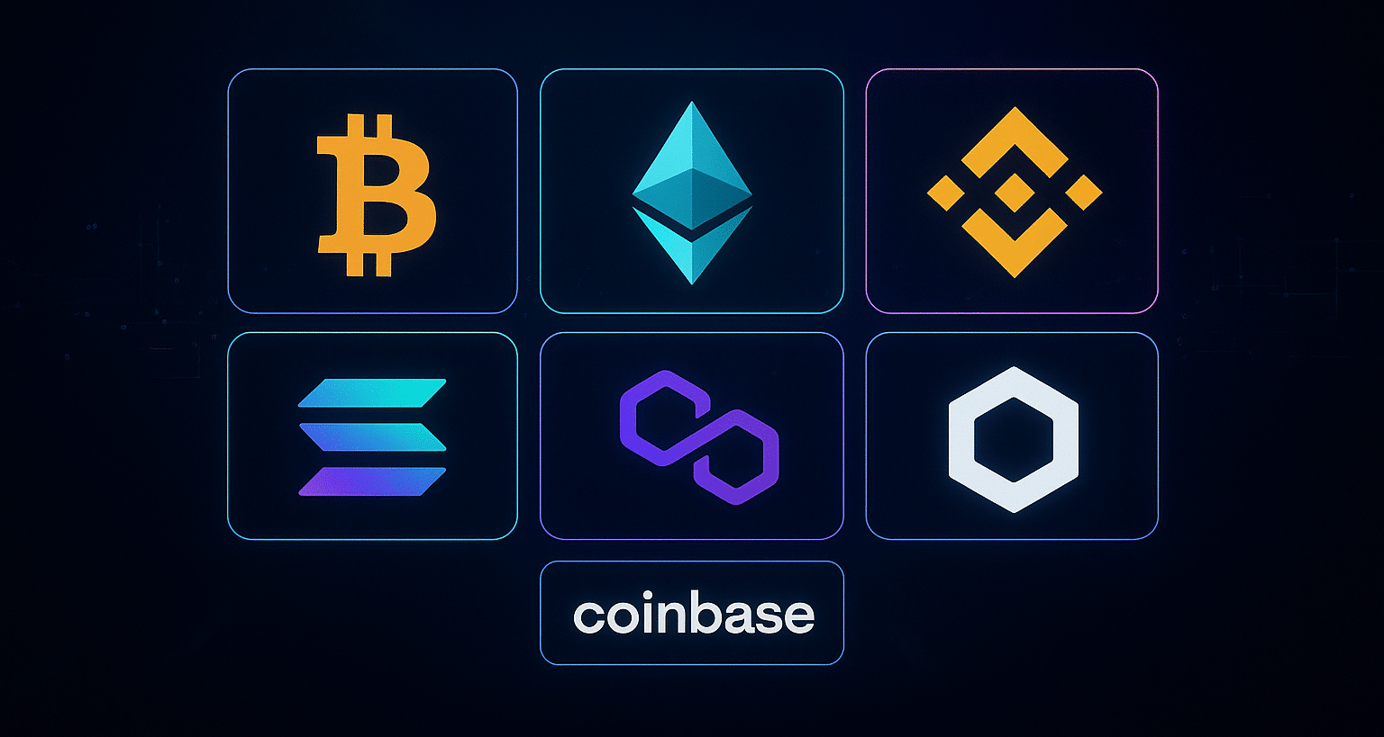 Dark futuristic CTA section with neon accents showing a grid of cryptocurrency brand logos including Bitcoin, Ethereum, Binance, Solana, Polygon, Chainlink, and Coinbase