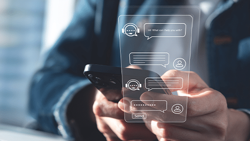 A photo of a man holding a phone in his hands and a graphic element suggesting that he is communicating with the customer support department