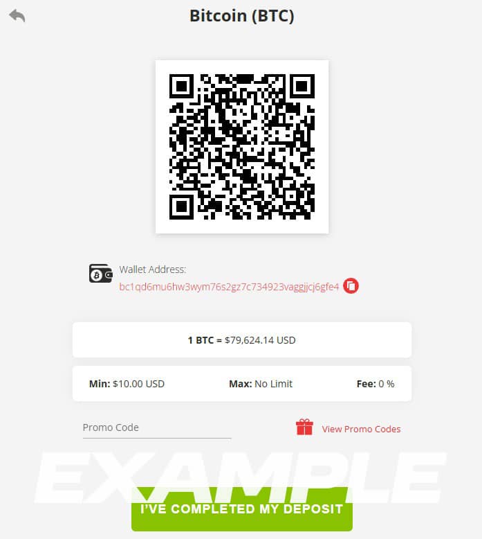 A Bitcoin (BTC) deposit page screenshot showing a QR code and a wallet address. The page lists the exchange rate, minimum and maximum deposit. There is a promo code field and a green button at the bottom.