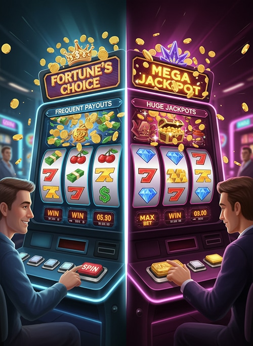 Casino slot machines with players choosing between frequent payouts and mega jackpot slots.