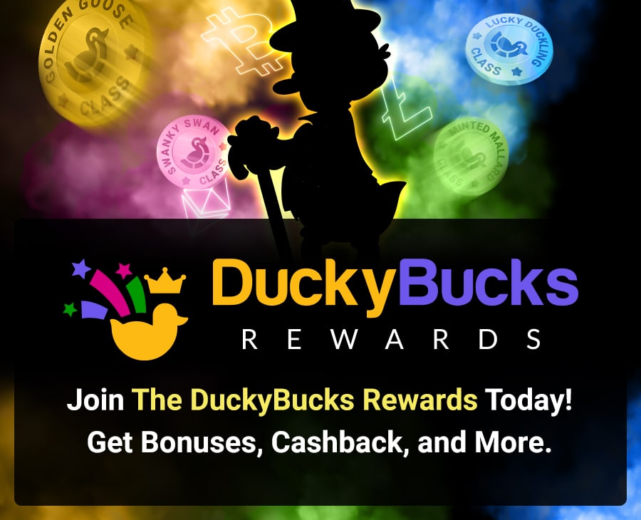 A banner from the DuckyLuck casino website depicting the silhouette of a duck and cryptocurrency coins in the background.