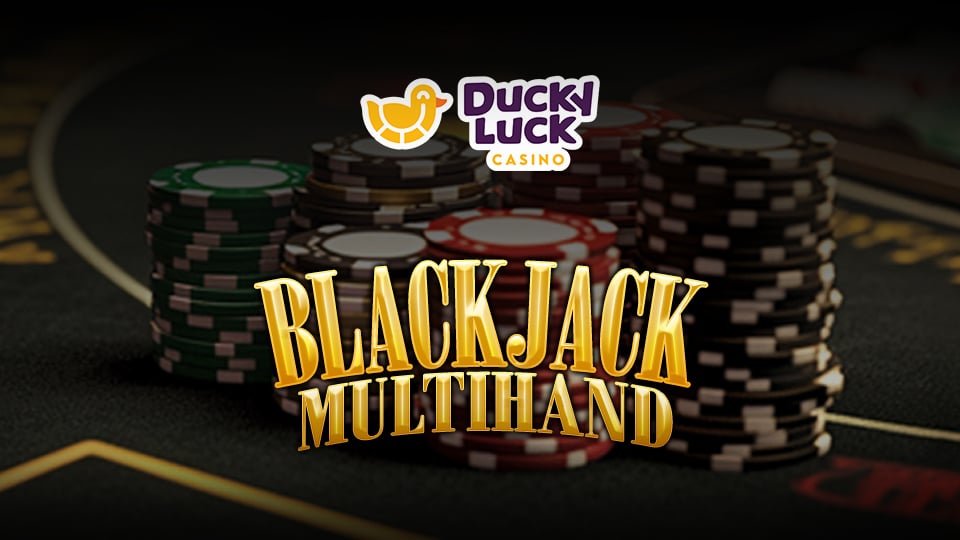 Banner from the DuckyLuck casino game Multihand Blackjack with piles of checkers depicted