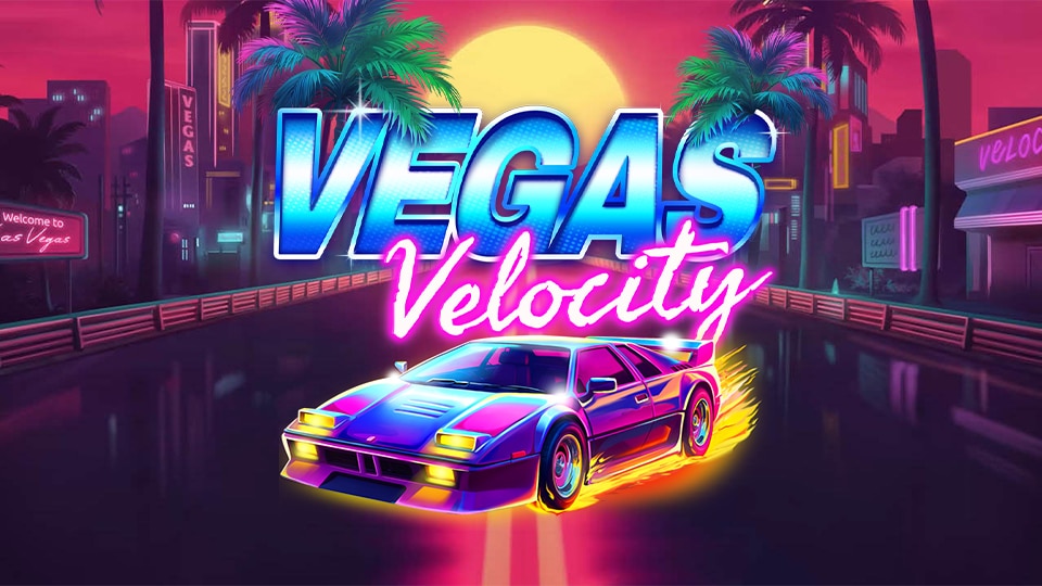 Banner from the game at DuckyLuck casino Vegas Velocity in neon colors and an image of a car in Las Vegas