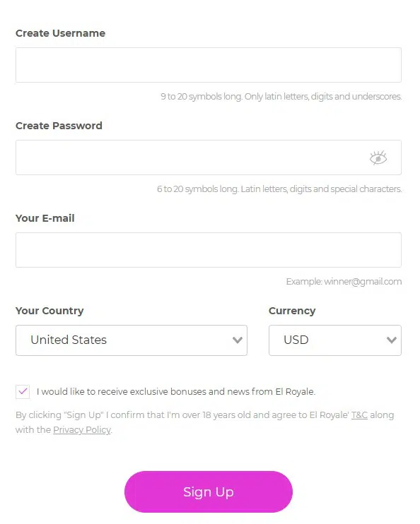 An image of the sign up form of El Royale casino