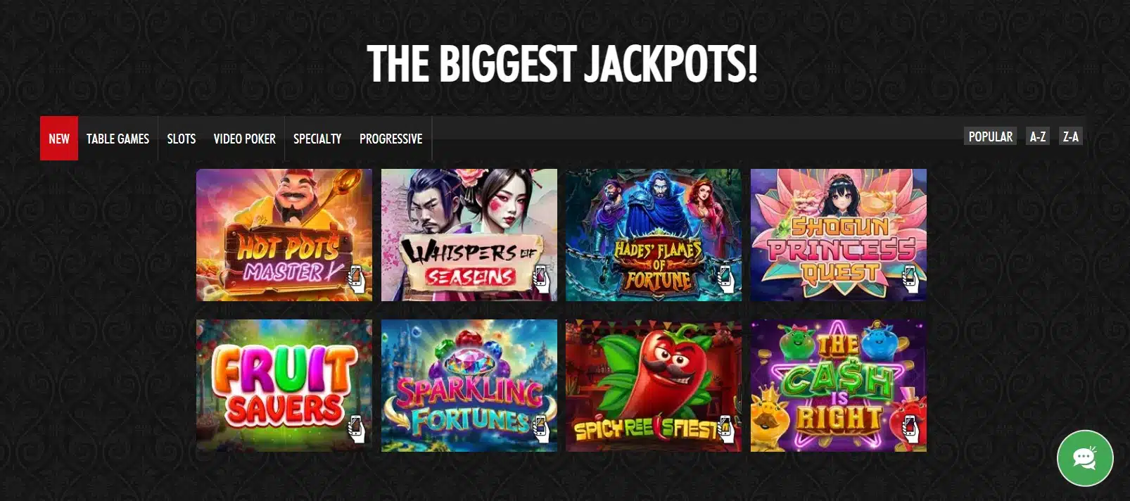 A screenshot of the biggest jackpots page from the Everygame casino website