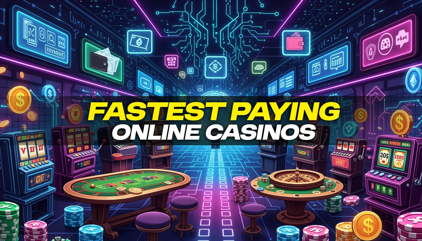 Neon futuristic illustration of an online casino interior with slot machines, roulette and card tables, digital payment icons, and the text ‘Fastest Paying Online Casinos’ highlighted in the center.