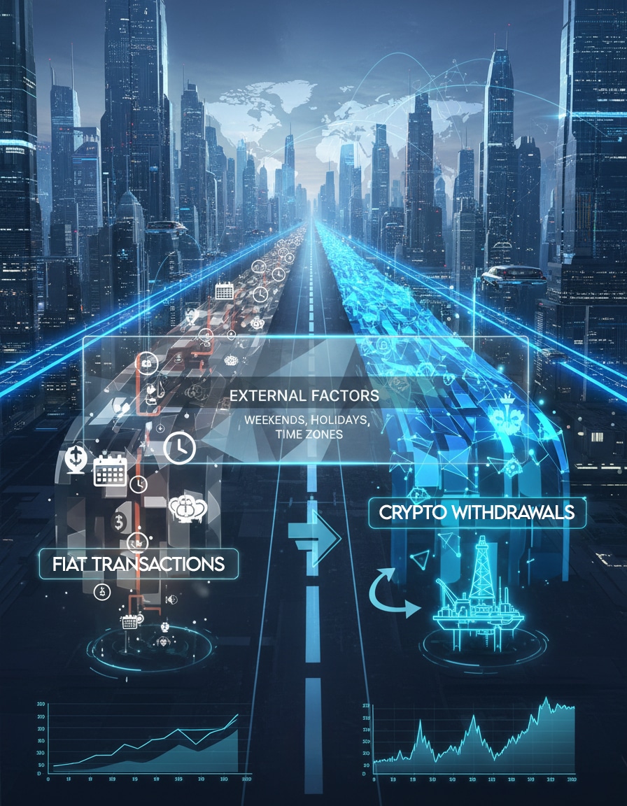 A futuristic city skyline viewed from above a central roadway that splits into two glowing data paths. The left side is labeled “Fiat Transactions” with financial icons and symbols, while the right side is labeled “Crypto Withdrawals” with blockchain-style graphics.