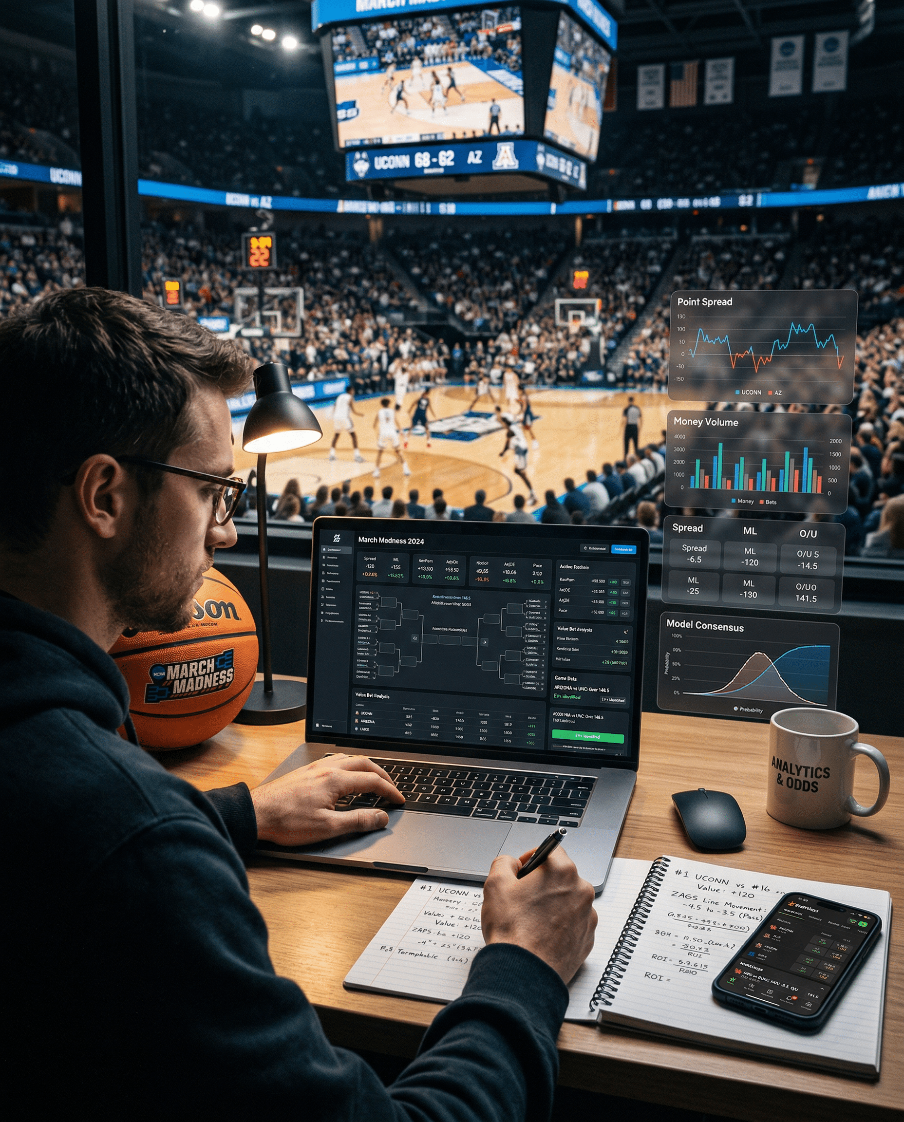 Sharp bettor analyzing March Madness odds and stats on laptop during live basketball game