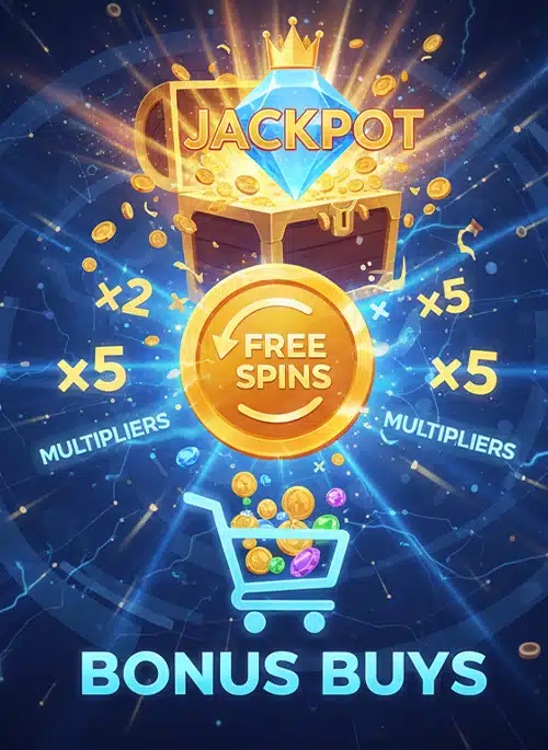 Casino bonus screen featuring free spins, multipliers, and a jackpot treasure chest.