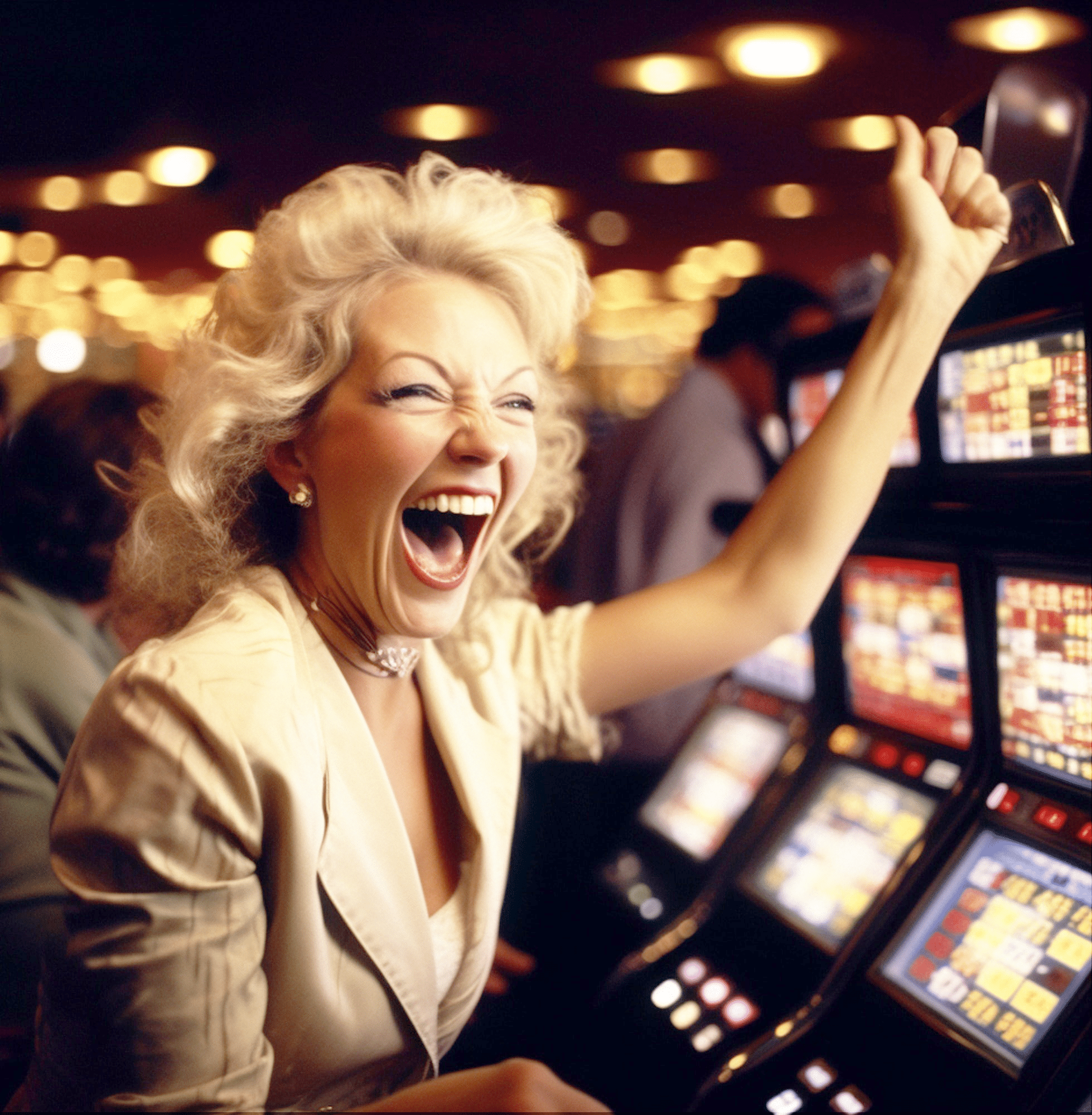 A happy woman who is in a real casino and seems to have won the slot game.