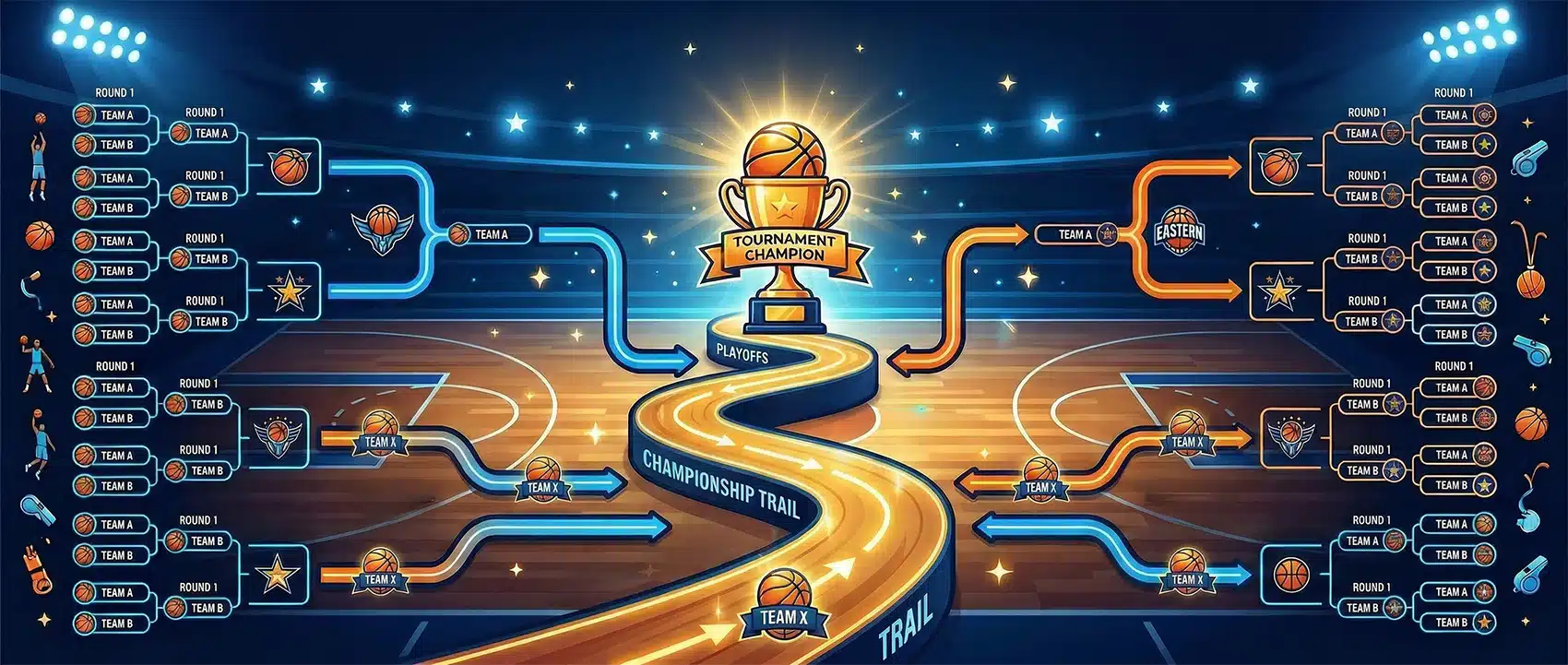 Tournament bracket on a basketball court with teams advancing toward a central golden trophy.