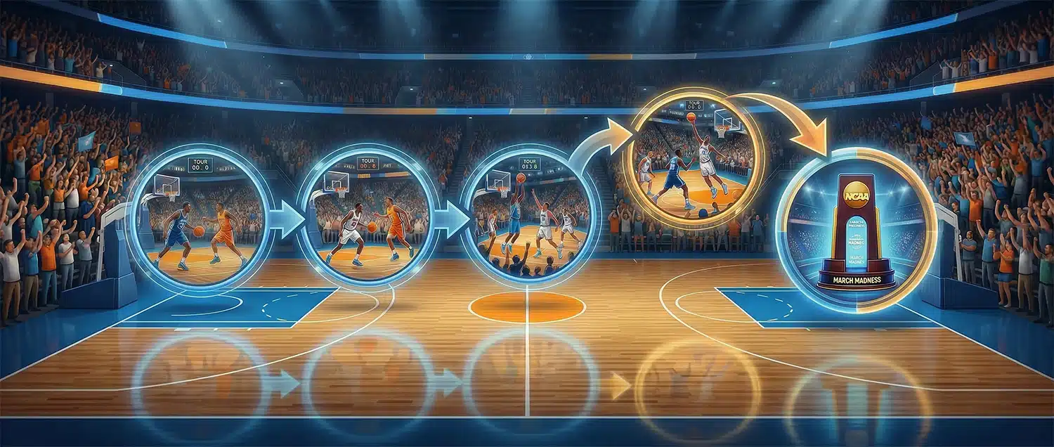 March Madness basketball infographic showing game-by-game betting path to tournament win.