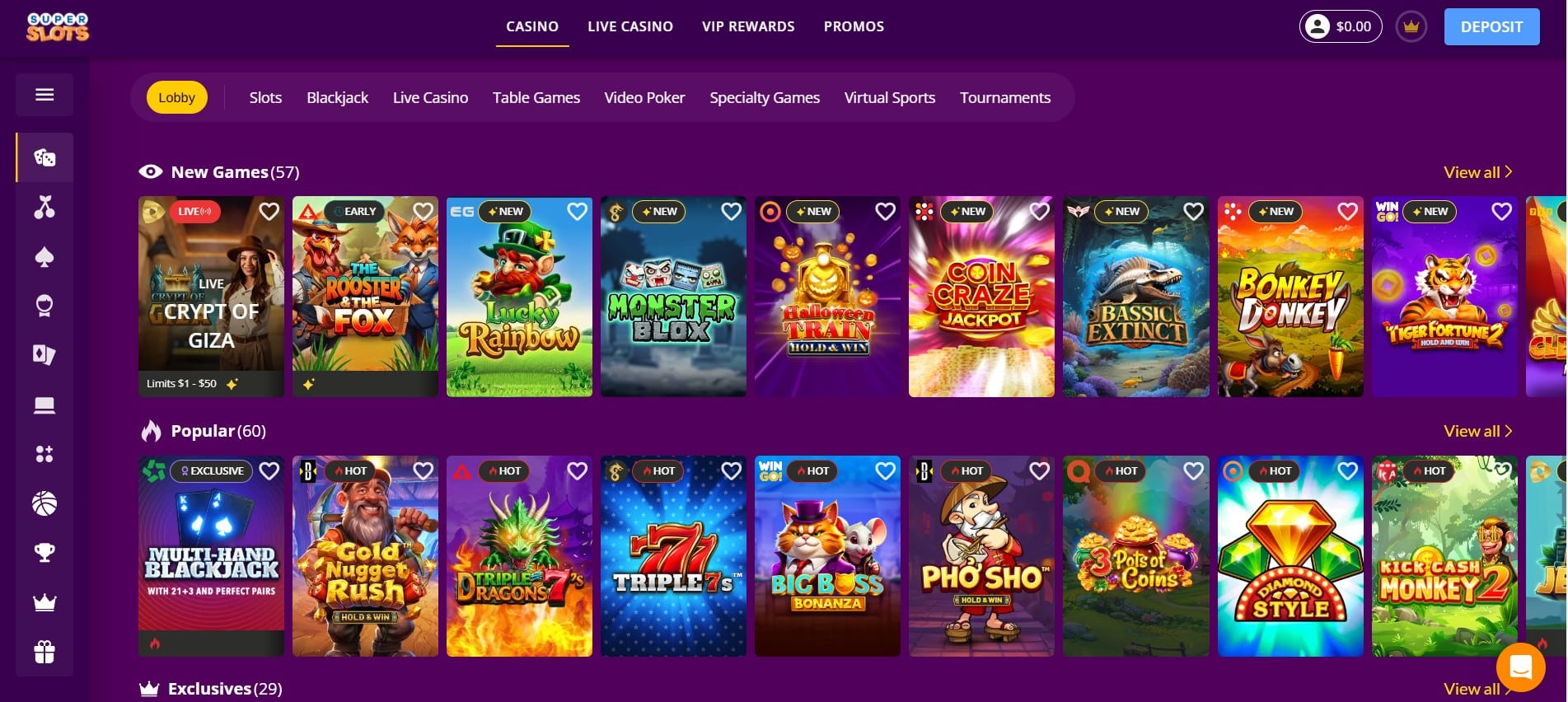 A banner from the Super Slots Casino representing different kinds of games