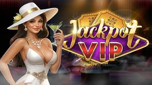 Elegant woman in a white dress and hat holding a cocktail beside a glowing ‘Jackpot VIP’ casino sign with a luxurious background.