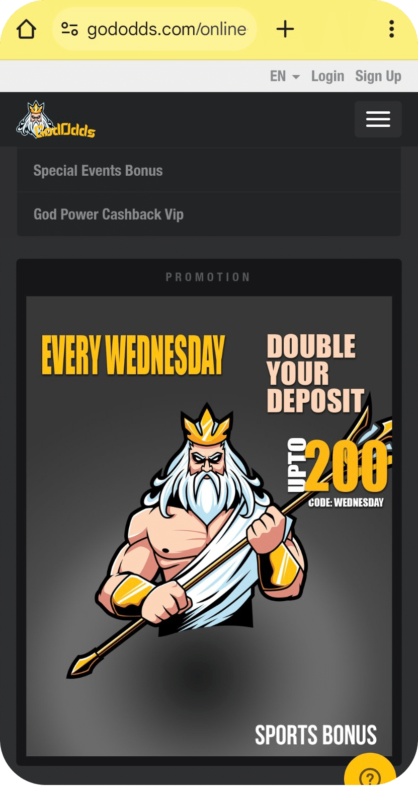 A screenshot of the mobile version of the GodOdds casino website.