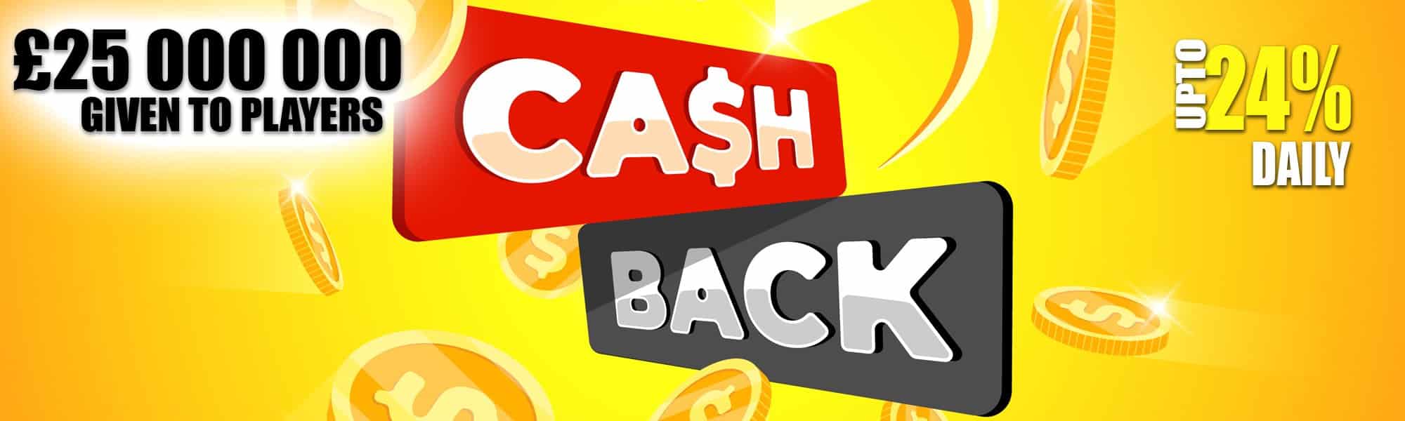 A yellow banner with text "Cash Back" advertising a bonus of up to 24% daily