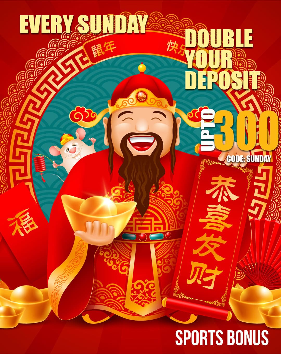 Red GodOdds Casino banner, advertising a bonus code that can be used every Sunday