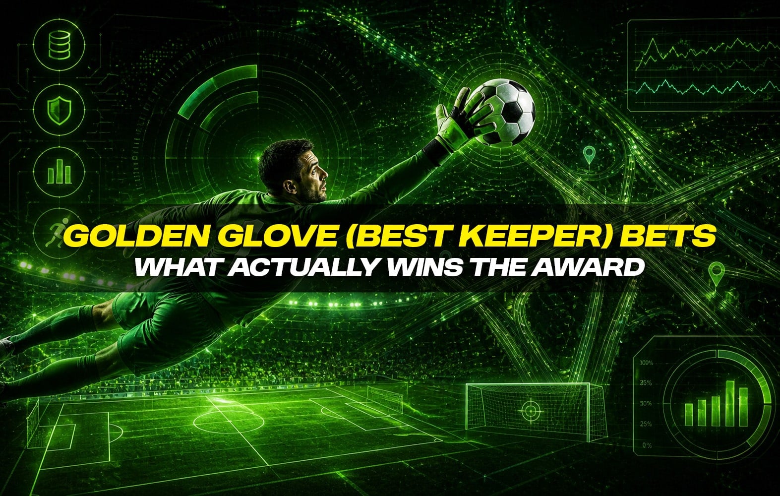 A soccer goalkeeper in shades of green jumps and saves a ball in the air against a backdrop of a digital soccer field and glowing analytical graphs, with the caption "Golden Glove (Best Keeper) Bets: What Actually Wins the Award