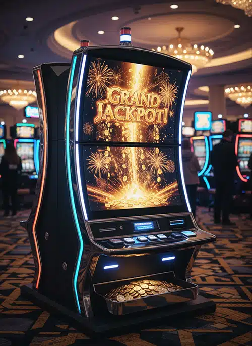 Grand Jackpot casino slot machine with fireworks and overflowing coins on the screen.