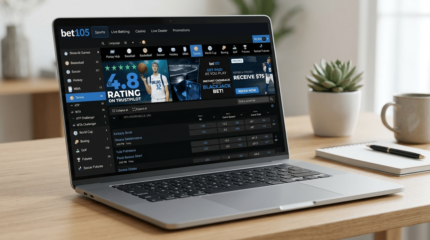 Bet105 sportsbook website displayed on a laptop placed on a wooden desk