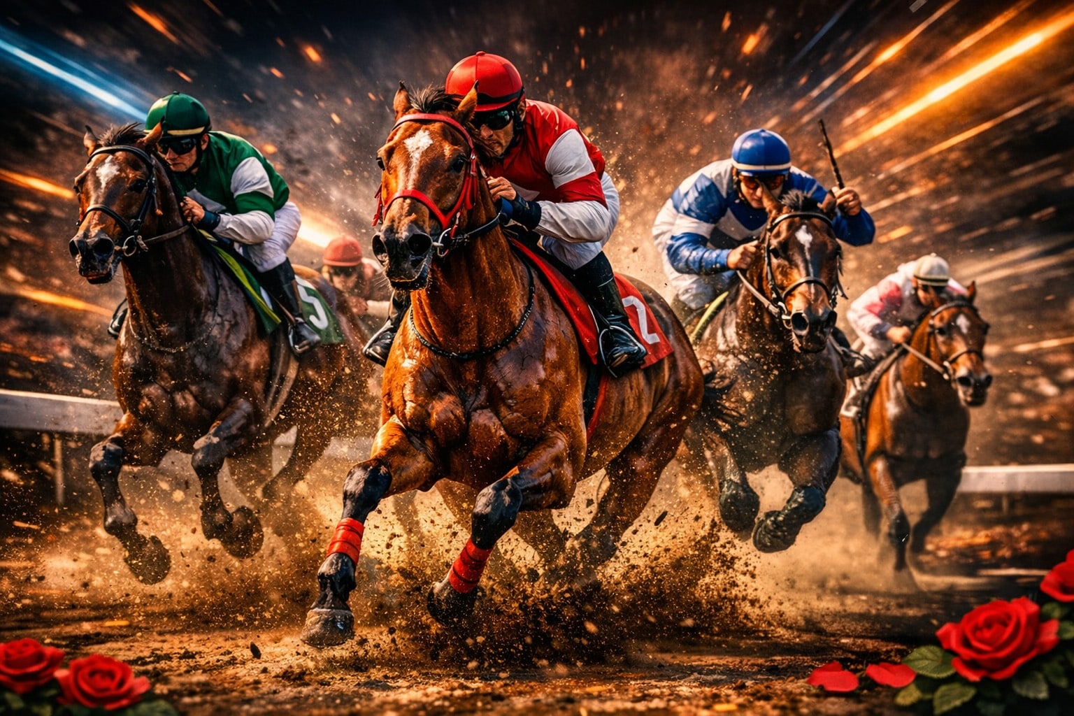 Photorealistic Kentucky Derby race with jockeys charging ahead