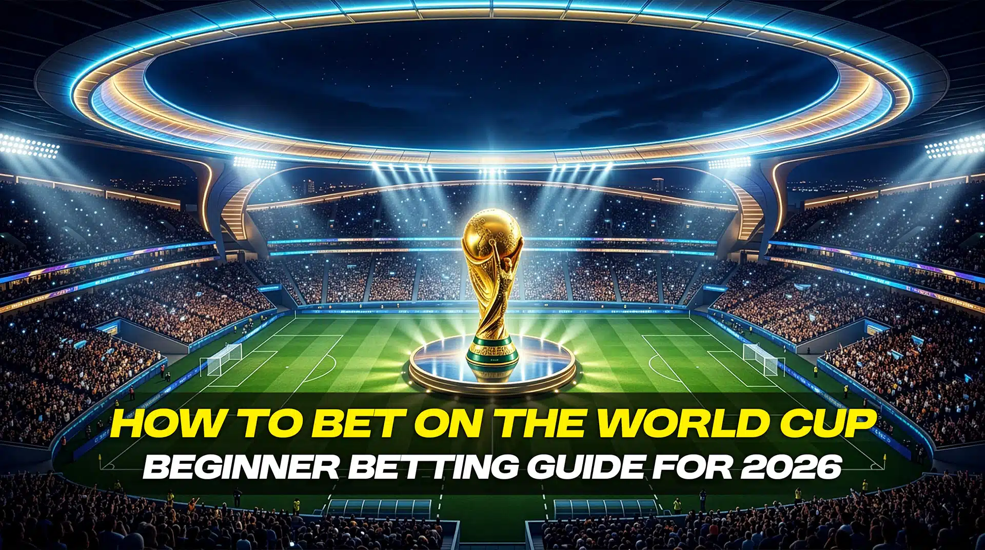 Football stadium at night with a large golden FIFA World Cup trophy on a central platform, surrounded by bright stadium lights, a packed crowd, and a green pitch.