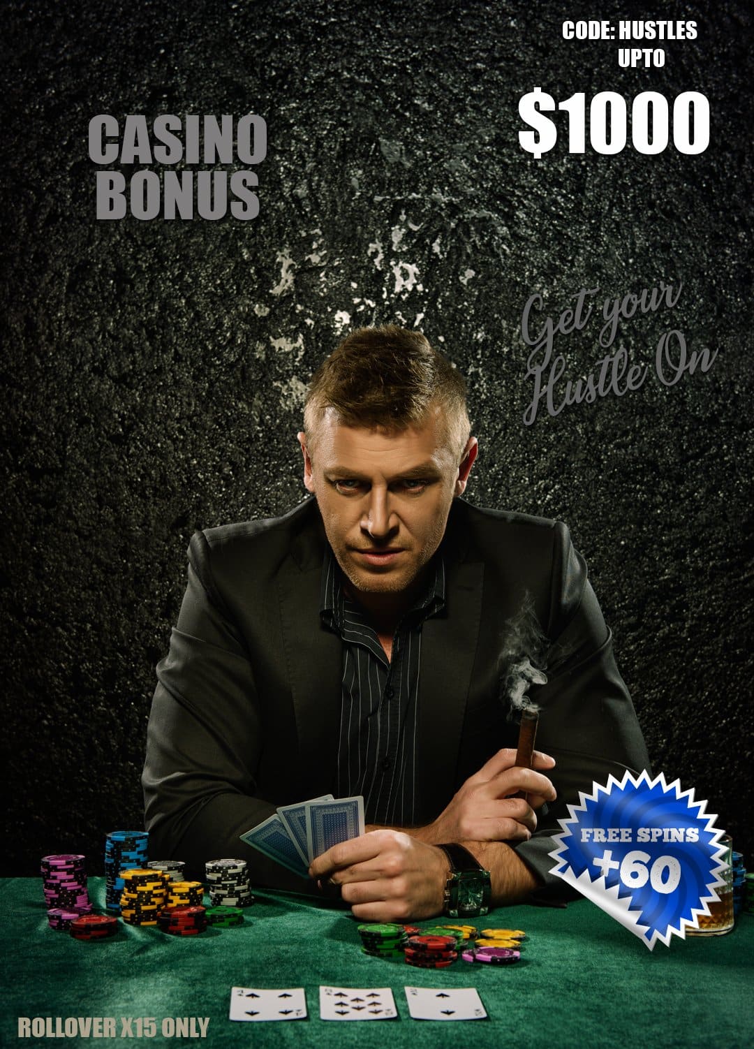 Hustle Casino banner with a man promoting a bonus code that can be used to win up to $1000