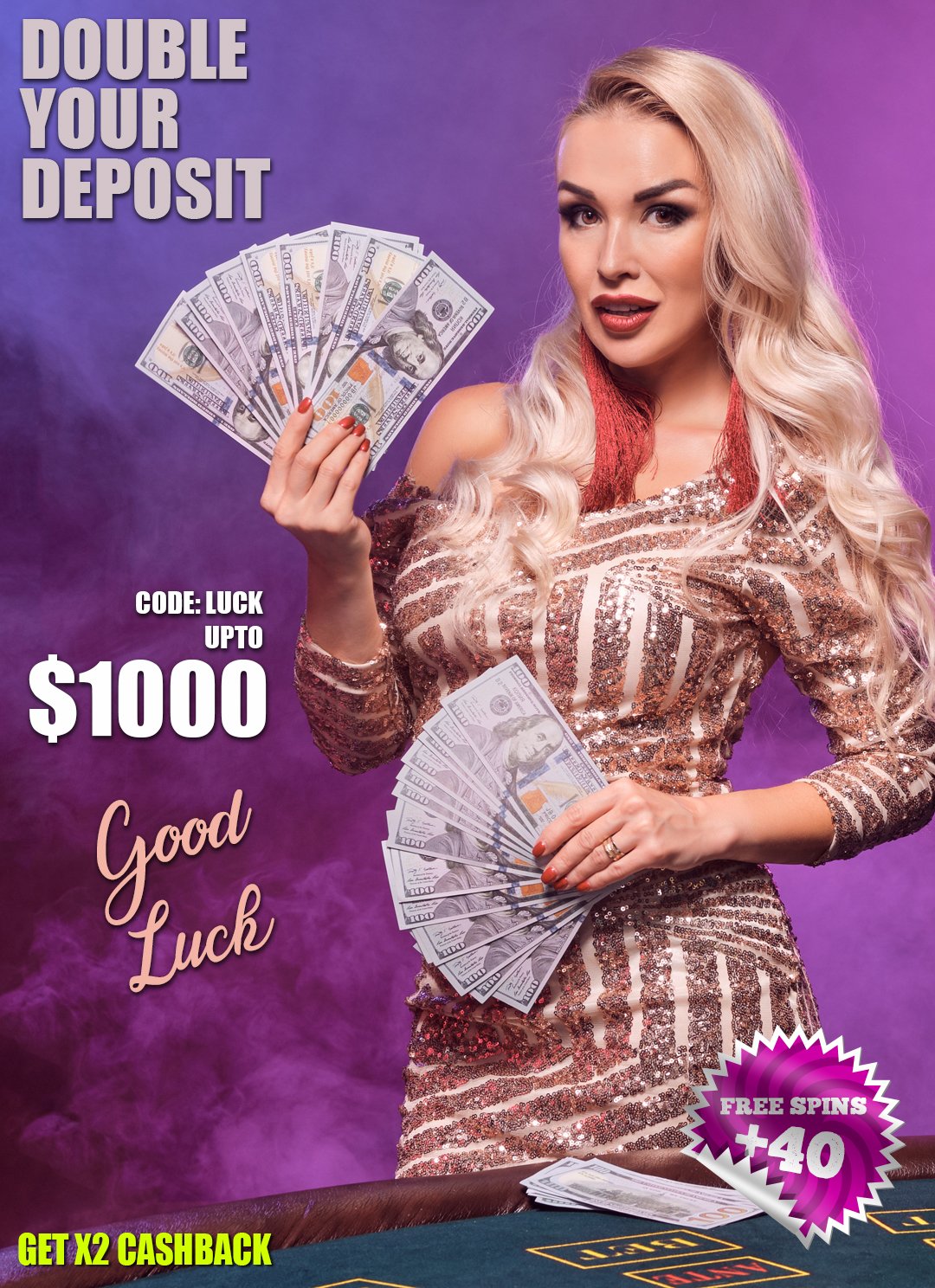 Hustle Casino banner with a sexy woman promoting a bonus code that can be used to double your deposit