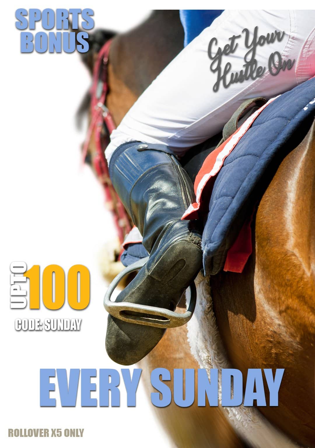 Hustle Casino banner with a racehorse participating in a race, advertising a bonus code that can be used every Sunday