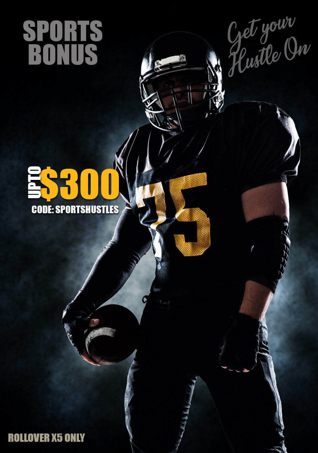 Hustle Casino banner with a football player showing a bonus up to $300 with code "sportshustles"