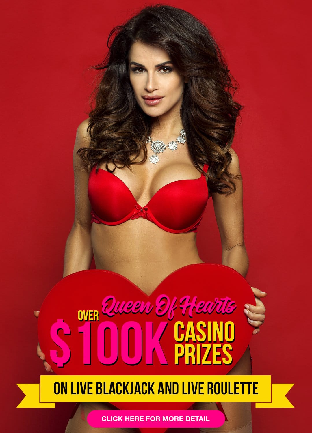 Hustle Casino banner with a sexy woman promoting over $100K casino prizes