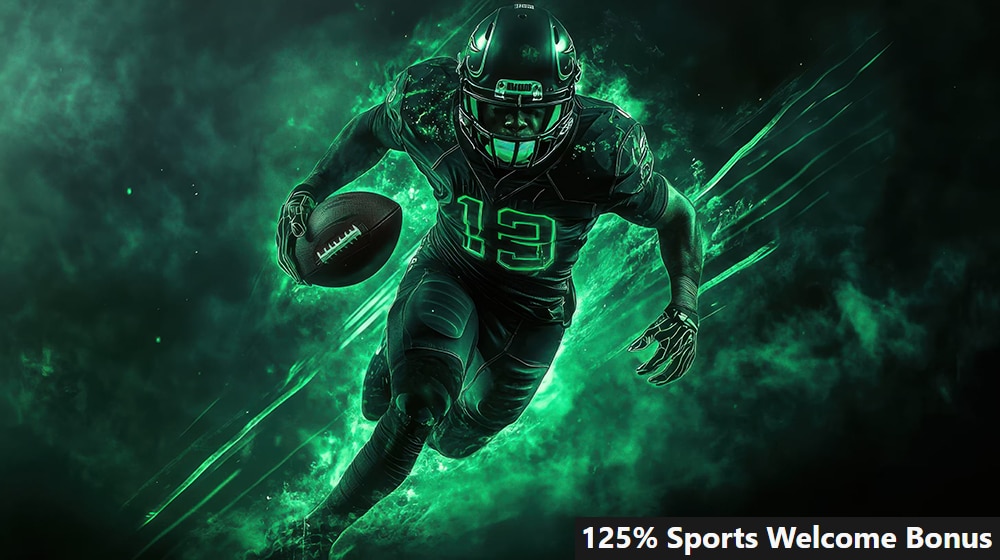 Dynamic sports banner showing an American football player running with the ball through green smoke and light effects, promoting a 125% sports welcome bonus.