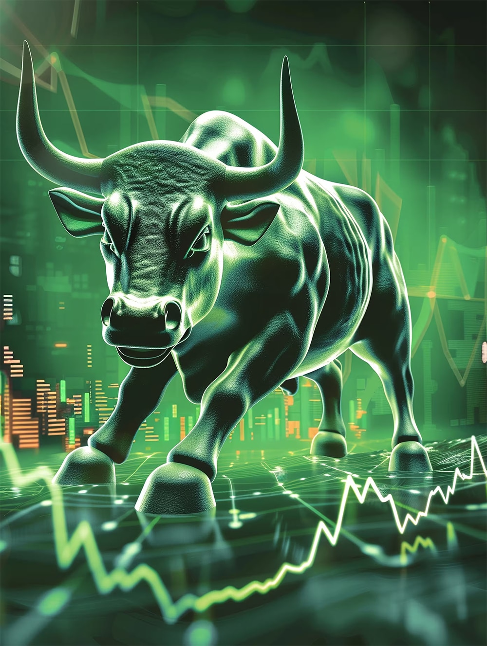 Futuristic green glowing bull symbolizing a bullish stock market trend, with digital financial charts and rising graph lines in the background.