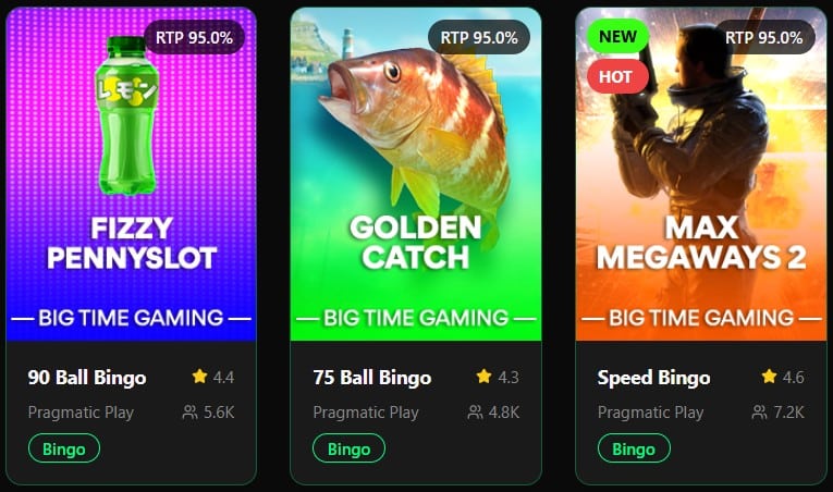 Online casino specialty game promotions featuring Fizzy Pennyslot, Golden Catch, and Max Megaways 2 by Big Time Gaming. Each shows an RTP of 95% and includes related bingo games from Pragmatic Play—90 Ball Bingo, 75 Ball Bingo, and Speed Bingo—with star ratings and player counts.