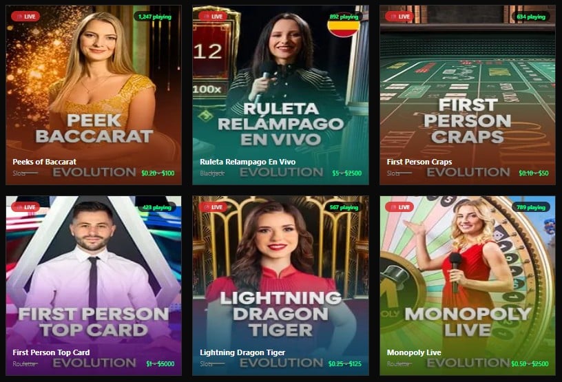 Online live casino section showing six different types of games with live dealers at Ibetsports website.