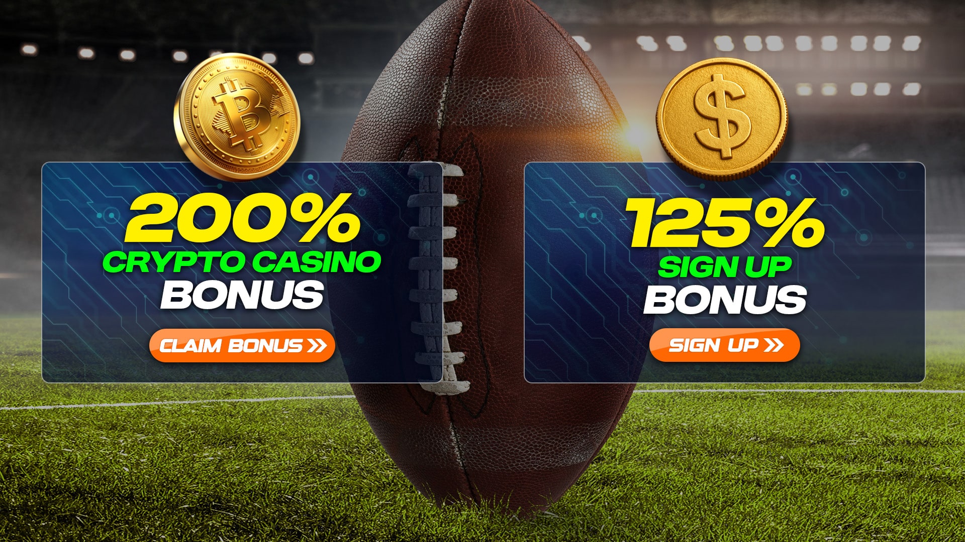 Promotional banner showing a 200% crypto casino bonus and a 125% sign-up bonus, with Bitcoin symbols displayed on a football stadium background.