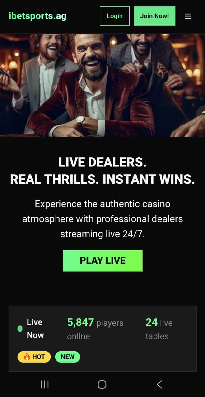 Mobile view of the Ibetsports website showing the live dealers page