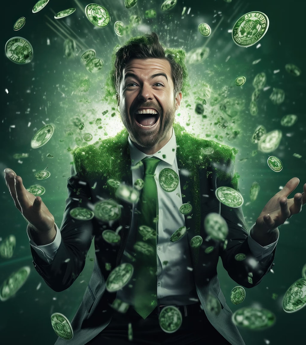 Excited man in a suit surrounded by flying green coins, symbolizing winning money or receiving a bonus reward in a financial or casino promotion.
