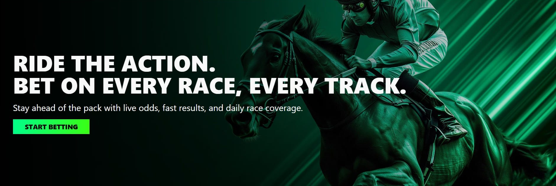 Racebook promotion banner showing a jockey riding a racehorse with bold text reading ‘Ride the Action. Bet on Every Race, Every Track.’ The design highlights live odds, fast results, and daily race coverage with a green ‘Start Betting’ button.