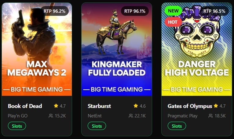 Online casino slot game promotions showing three titles: Max Megaways 2, Kingmaker Fully Loaded, and Danger High Voltage by Big Time Gaming. Each card displays RTP percentages around 96%, star ratings, and popularity stats for Book of Dead, Starburst, and Gates of Olympus.