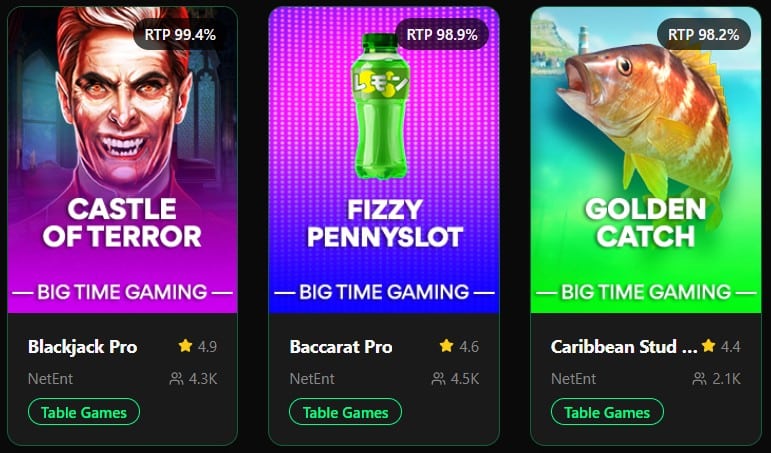 Online casino table game promotions featuring Castle of Terror, Fizzy Pennyslot, and Golden Catch by Big Time Gaming. Each card displays high RTP values between 98% and 99%, with related NetEnt table games Blackjack Pro, Baccarat Pro, and Caribbean Stud showing star ratings and player counts.