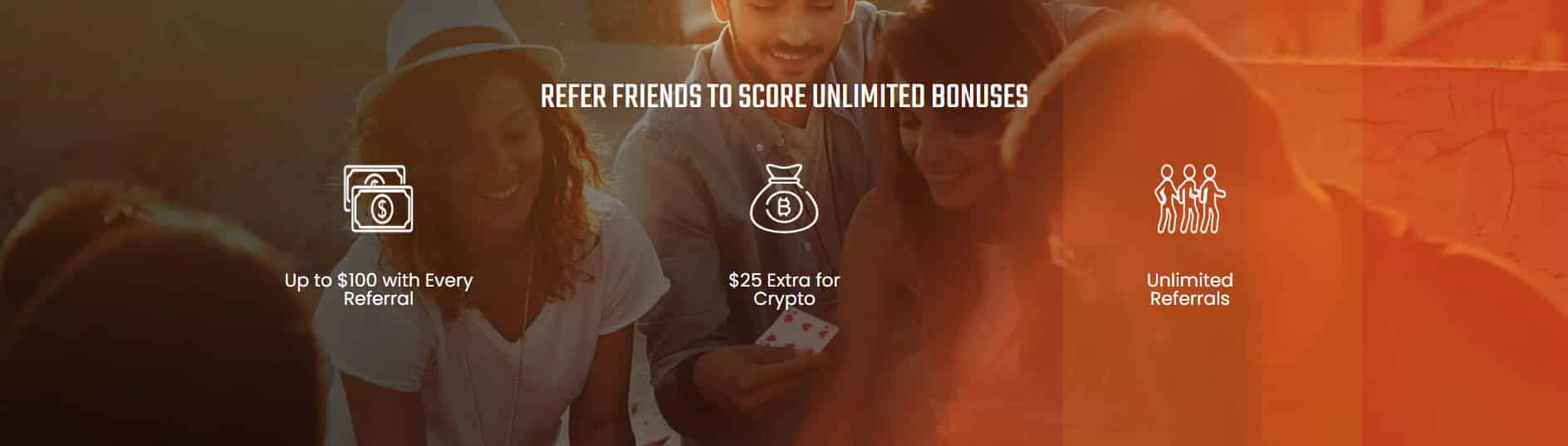 Casino players enjoying cards with referral bonus promotion offering up to $100 per friend, $25 extra for crypto, and unlimited referrals.