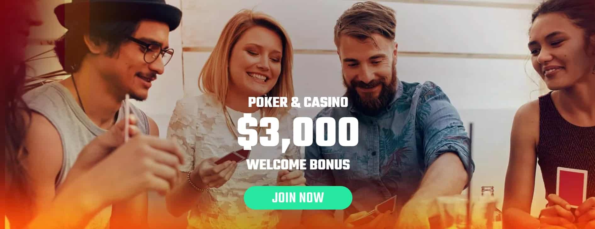 Group of friends playing poker and casino games with $3,000 welcome bonus promotion and join now button.