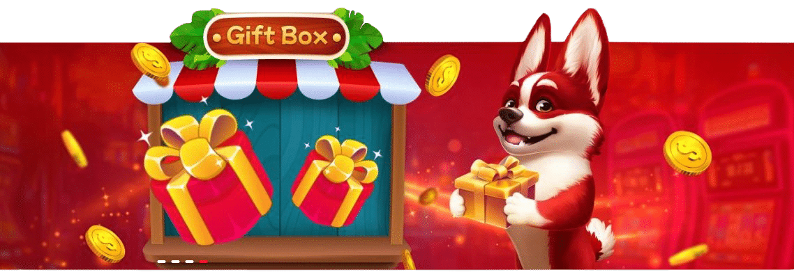 A graphic image of the Red Dog holding a present in his hands