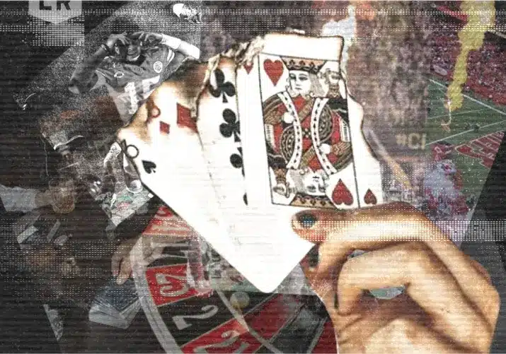 Collage of gambling and sports scenes – a hand holding playing cards over a roulette wheel with a football game in the background.