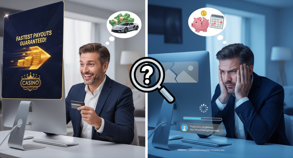 Split-screen image showing an online casino withdrawal comparison: on the left, a happy man making a fast payout with ‘Fastest payouts guaranteed’ on screen; on the right, a frustrated man waiting for delayed withdrawal processing, highlighting instant vs slow casino payouts.